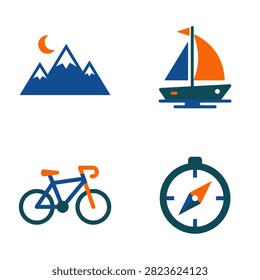 Set of travel icons featuring mountains and a sailing boat