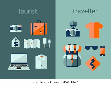 Set of travel icons in flat style. Travel plan concept. Vector illustration with design elements and symbols: backpack, map, camera, laptop.