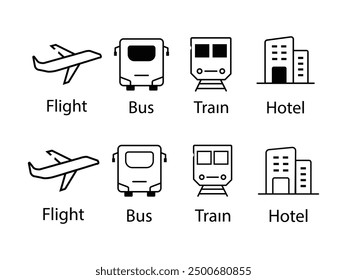 Set of travel icons including flight, bus, train, and hotel in outline and filled styles. Perfect for apps, websites, booking platforms, and travel infographics.