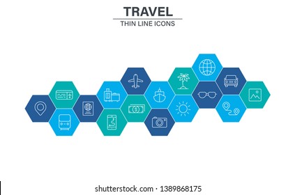 Set of Travel icons in line style. Transport, Luggage, food, navigation, holiday Vector illustration