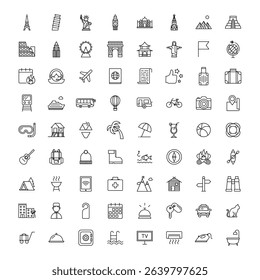 Set of travel icons in linear style. Tourism, landmarks, beach vacation, hotel and camping signs