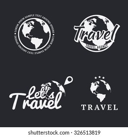 Set of travel icons, logos, emblems, labels, badges and design templates with monochrome earth map. Vector.