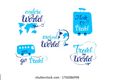 set of travel icons - I love travelling, travel the world, let's go travel, around / explore the world | text lettering style of blue colour