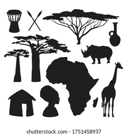 Set of travel icons on the Africa map, the animals, ethnic culture, baobab tree, hunting tools like spears, rhinoceros, giraffe, safari.