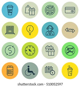 Set Of Travel Icons On Airport Construction, Info Pointer And Calculation Topics. Editable Vector Illustration. Includes Credit, Cup, Device And More Vector Icons.