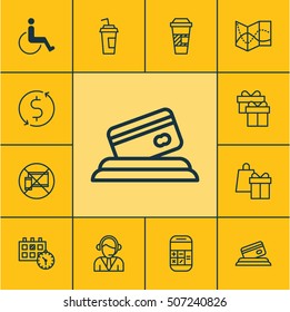 Set Of Travel Icons On Appointment, Takeaway Coffee And Calculation Topics. Editable Vector Illustration. Includes Card, Mobile, Date And More Vector Icons.