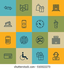 Set Of Travel Icons On Calculation, Accessibility And Drink Cup Topics. Editable Vector Illustration. Includes Debit, Center, Direction And More Vector Icons.