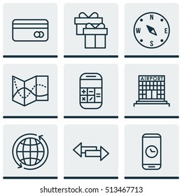 Set Of Travel Icons On Calculation, Crossroad And Call Duration Topics. Editable Vector Illustration. Includes Direction, Calculator, Locate And More Vector Icons.