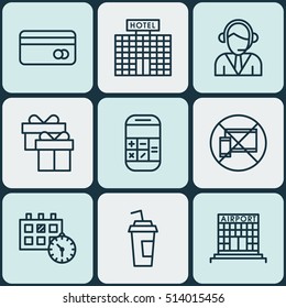 Set Of Travel Icons On Calculation, Airport Construction And Hotel Construction Topics. Editable Vector Illustration. Includes Building, Appointment, Device And More Vector Icons.