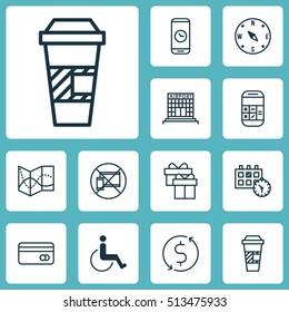 Set Of Travel Icons On Call Duration, Present And Takeaway Coffee Topics. Editable Vector Illustration. Includes Disabled, Time, Coffee And More Vector Icons.