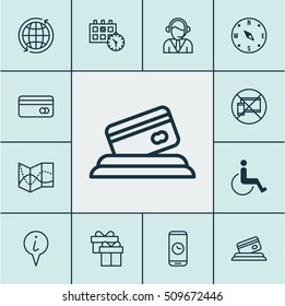 Set Of Travel Icons On Credit Card, Forbidden Mobile And Info Pointer Topics. Editable Vector Illustration. Includes Locate, Calendar, Present And More Vector Icons.