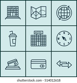Set Of Travel Icons On Credit Card, Locate And Plastic Card Topics. Editable Vector Illustration. Includes Construction, Road, Airport And More Vector Icons.