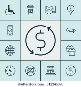 Set Of Travel Icons On Crossroad, Money Transfer And Airport Construction Topics. Editable Vector Illustration. Includes Exchange, Construction, Transfer And More Elements