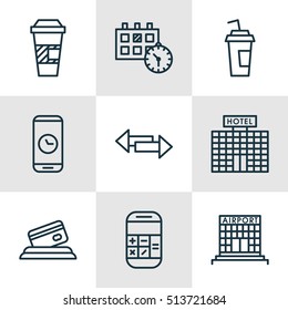 Set Of Travel Icons On Drink Cup, Hotel Construction And Crossroad Topics. Editable Vector Illustration. Includes Calendar, Card, Office And More Vector Icons.