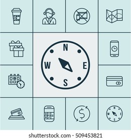 Set Of Travel Icons On Forbidden Mobile, Appointment And Takeaway Coffee Topics. Editable Vector Illustration. Includes Compass, Cup, Phone And More Vector Icons.