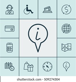 Set Of Travel Icons On Info Pointer, Calculation And Credit Card Topics. Editable Vector Illustration. Includes Paralyzed, Accessibility, Shopping And More Vector Icons.