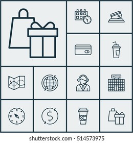 Set Of Travel Icons On Operator, Road Map And Shopping Topics. Editable Vector Illustration. Includes Gift, Cup, Coffee And More Vector Icons.