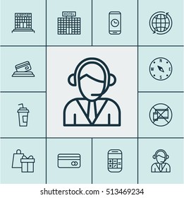 Set Of Travel Icons On Plastic Card, Operator And Forbidden Mobile Topics. Editable Vector Illustration. Includes Compass, Center, Cup And More Vector Icons.