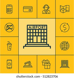 Set Of Travel Icons On Present, Road Map And Money Trasnfer Topics. Editable Vector Illustration. Includes Airport, Device, No And More Vector Icons.