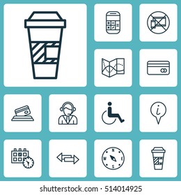 Set Of Travel Icons On Takeaway Coffee, Road Map And Crossroad Topics. Editable Vector Illustration. Includes Operator, Locate, Calculation And More Vector Icons.