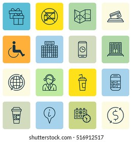 Set Of Travel Icons On Takeaway Coffee, Money Trasnfer And Hotel Construction Topics. Editable Vector Illustration. Includes Calculator, Building, Construction And More Vector Icons.