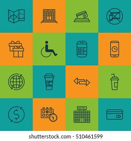 Set Of Travel Icons On World, Takeaway Coffee And Plastic Card Topics. Editable Vector Illustration. Includes Gift, No, Math And More Vector Icons.