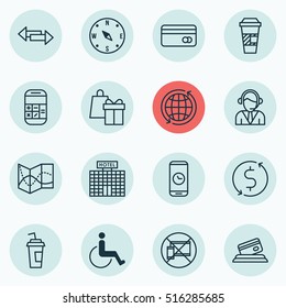 Set Of Travel Icons On World, Calculation And Takeaway Coffee Topics. Editable Vector Illustration. Includes Paper, Math, Call And More Vector Icons.