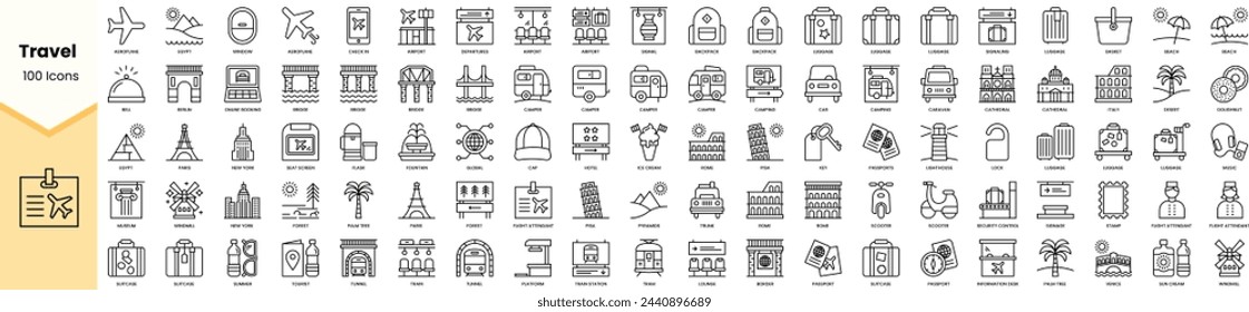 Gruppe von Reisesymbolen. Einfache Line-Art-Stil-Symbole packen. Vektorgrafik