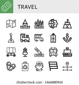 Set of travel icons such as Floats, Navigator, Kremlin, Cathedral of saint basil, Global, Sand castle, Balalaika, Train, Safari, Sunscreen, Anchor, Wagon, Mai thai, Marker , travel