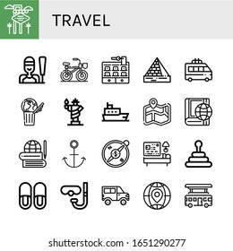 Set of travel icons. Such as Las vegas, Sailing, Bicycle, Hotel, Pyramids, Minivan, World, Statue of liberty, Ship, Map, Global, Anchor, Compass, Pyramid, Slippers , travel icons