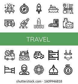Set of travel icons. Such as Rocket, School bus, Compass, Ship in a bottle, Surf, Boat, Subway, Navigation, Honeymoon, Car, Bed, Astronaut, Off road, Windrose, Bunk bed , travel icons