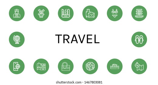 Set of travel icons such as Train, Windmill, Swiss army knife, Honeymoon, Bikini, Hotel, Global, Map, Fossil, Flood, World globe, Sandals , travel