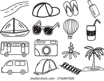 A Set of travel Icons suitable for travel, holiday, transportation, business, outdoor, beach, car, bus and toy content with doodle cartoon style