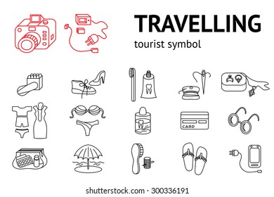 Set of travel icons. Tourism, journey, trip accessories symbol. Line signs for travelling memo, instruction. Things for summer vacation. Vector isolated