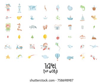 Set of travel icons. Transport, adventure, baby collection.