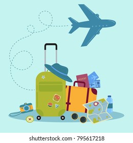 Set of travel icons. Traveler suitcase with stickers. Bag, map, camera, tickets, phone, hat, airplane, compass and airplane with linear flying route. Vector objects isolated on blue background