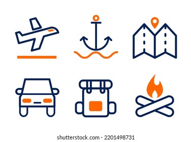 Set of travel icons with two colors.