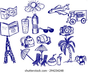set of travel illustration in doodle style