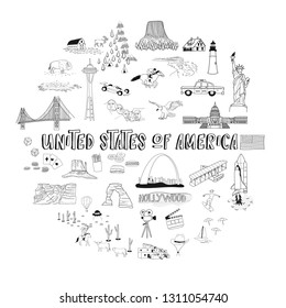 Set of Travel illustration map concept of USA doodles hand drawn Line icons on white Background.printing wallpaper.vector illustration