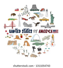 Set of Travel illustration map concept of USA doodles hand drawn Line icons on white Background.printing wallpaper.vector illustration