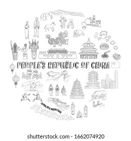 Set of Travel illustration map concept of china doodles hand drawn Line icons on white Background.printing wallpaper.vector illustration
