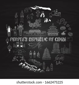Set of Travel illustration map concept of china doodles hand drawn Line icons on Chalkboard Background.printing wallpaper.vector illustration
