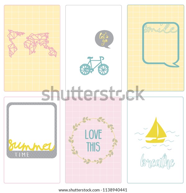 Set of travel illustrations. Cards with\
travel symbols. Travel by boat, by bicycle. Travel around the\
World. Take a picture. Flat style vector illustration. Marketing,\
tourism, scrapbooking.\
