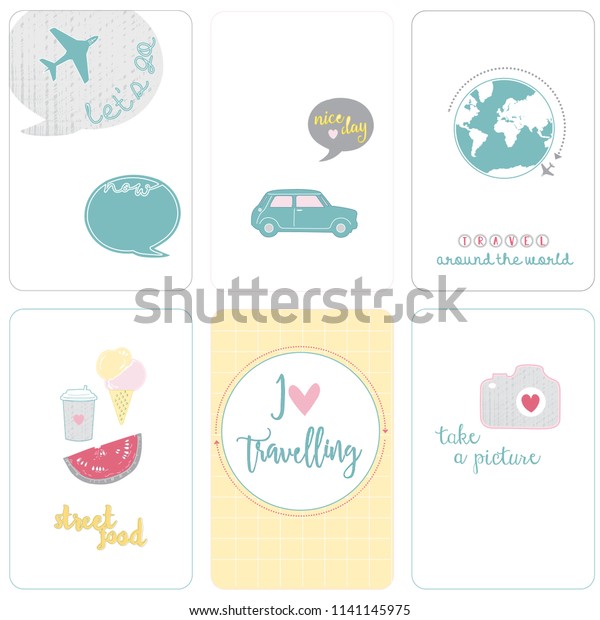 Set of travel illustrations. Cards with\
travel symbols. Travel by car, by air, by bicycle. Travel around\
the World. Street food. Flat style vector illustration. Marketing,\
tourism, scrapbooking.\
