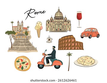 Set of travel illustrations. Italy, Rome. Vector isolated elements
