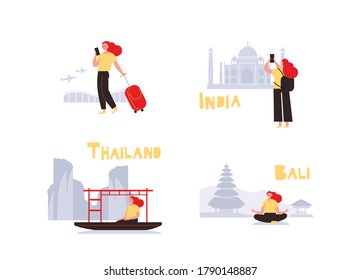 Set of travel illustrations, pictures, sketches, scenes. Traveling in India, Thailand, Bali. Visit Asia.Traveling concept. Traveler's icons.