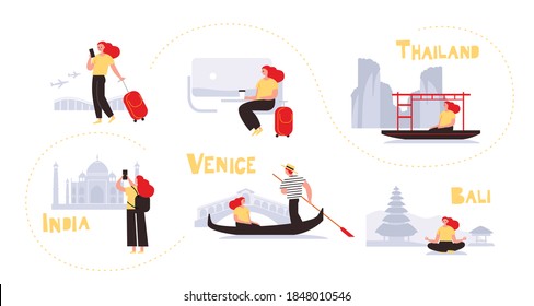 Set of travel illustrations, pictures, sketches, scenes. Thailand. India. Bali. Venice. Traveling concept. Traveler's icons.