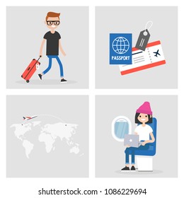 Set of travel images. Passengers at the airport and inside the aircraft. Flight. Boarding pass and passport. World map.  Flat editable vector illustration, clip art