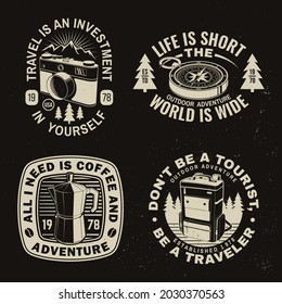 Set of travel inspirational quotes. Vector. Concept for shirt or logo, print, stamp or tee. Vintage typography design with retro photo camera, backpack, compass and mountain silhouette. Camping quote