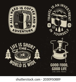 Set of travel inspirational quotes. Vector Concept for shirt or logo, print, stamp. Vintage typography design with retro photo camera, camping primus, compass and mountain silhouette Camping quote